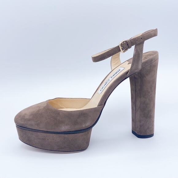 Jimmy Choo Maple 125 Stone/Taupe Suede Platform Pumps Heels - Picture 2 of 9